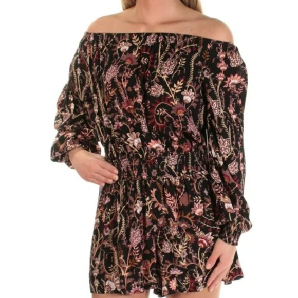 Free People Off Shoulder Romper Womens S Black Floral Low Back Hippie Boho - Picture 1 of 16